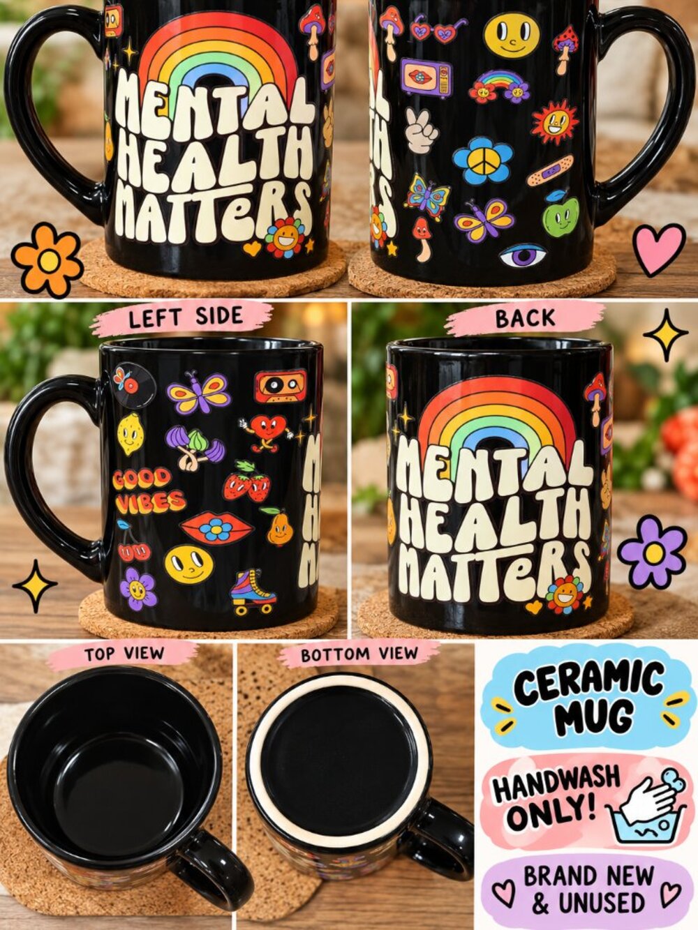 Mental Health Matters Black Ceramic Mug Retro Rainbow Good Vibes NEW